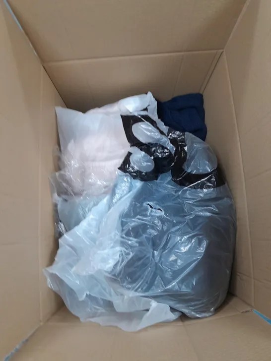 LARGE BOX OF ASSORTED CLOTHING ITEMS IN VARIOUS COLOURS AND SIZES INCLUDING TROUSERS , TOPS AND JUMPERS 