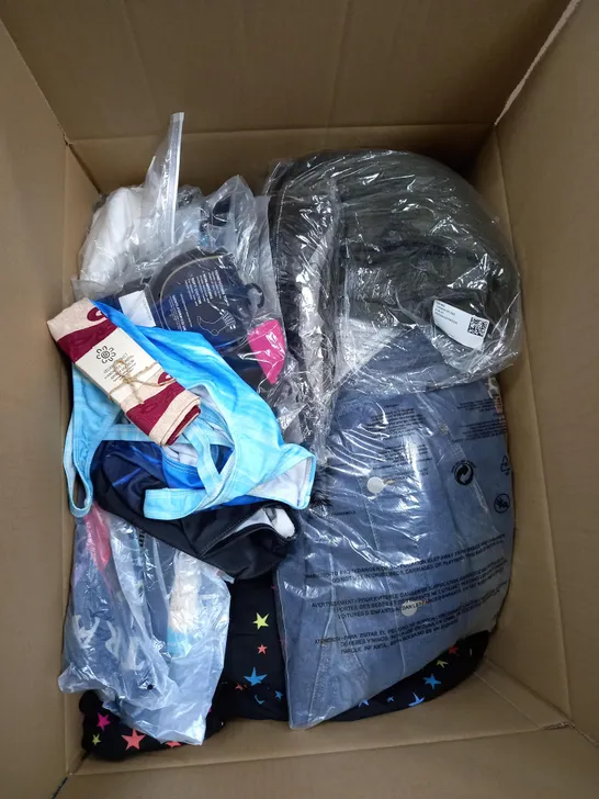 LARGE BOX OF ASSORTED CLOTHING ITEMS IN VARIOUS COLOURS AND SIZES INCLUDING TROUSERS , TOPS AND JUMPERS 