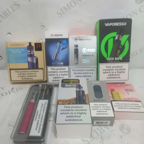 BOX OF APPROXIMATELY 15 ASSORTED E-CIGARATTES TO INCLUDE VAPORESSO, ASPIRE, LOST MARY ETC