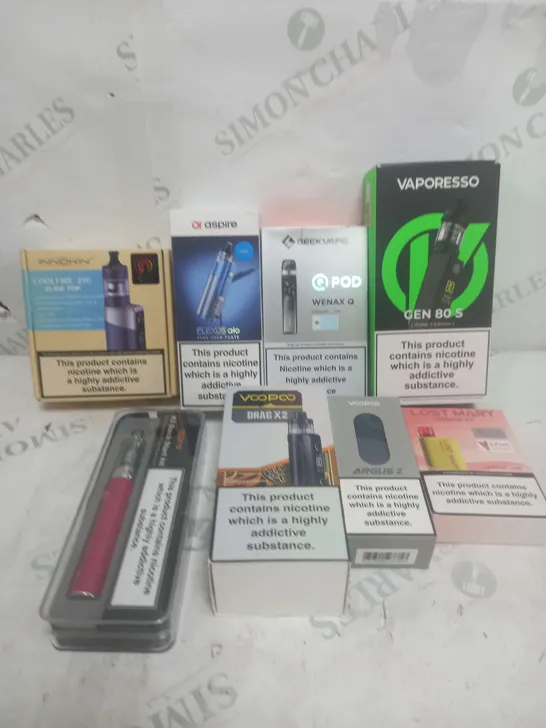 BOX OF APPROXIMATELY 15 ASSORTED E-CIGARATTES TO INCLUDE VAPORESSO, ASPIRE, LOST MARY ETC