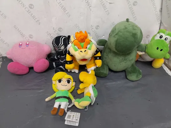 LARGE BOX OF ASSORTED PLUSH TEDDIES TO INCLUDE YOSHI, BLSCK PANTHER, AND BOWSER ETC. 