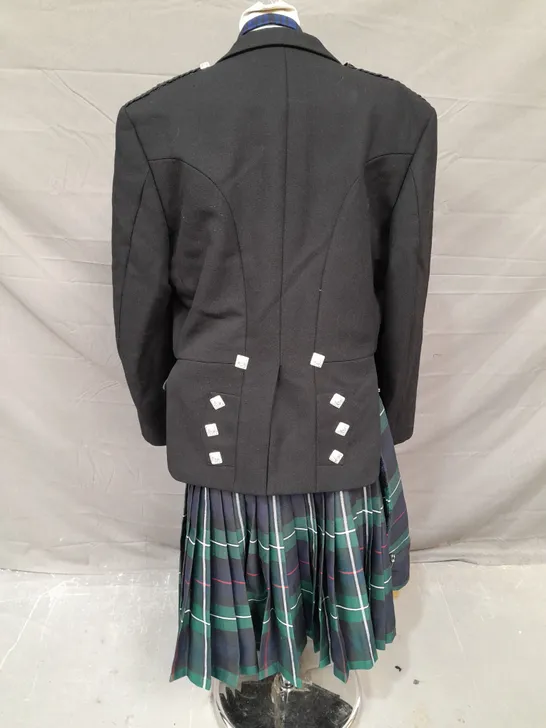 SCOTTISH KILT SUIT WITH BOW TIE IN BLACK/GREEN TARTAN JACKET SIZE 36R KILT SIZE 30/32