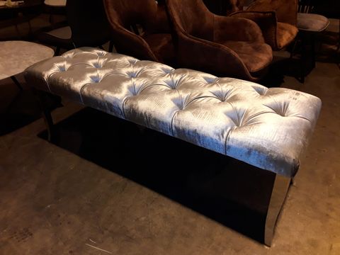 DESIGNER LARGE RECTANGULAR SILVER BUTTONED FABRIC BENCH ON POLISHED METAL LEGS