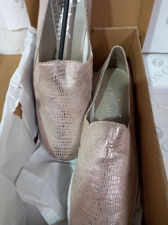BOX OF 4 X PAIRS BOXED RIEKER CASUAL SLIP ON WEDGE TRAINER/SHOE ROSE GOLD; 1 EACH EU SIZES 37, 38, 39 & 40