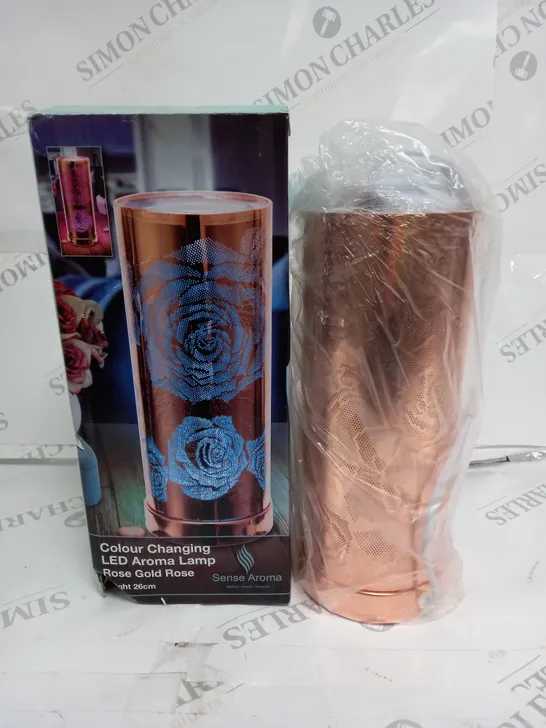 BOXED COLOUR CHANGING LED AROMA LAMP IN ROSE GOLD ROSE - 26CM