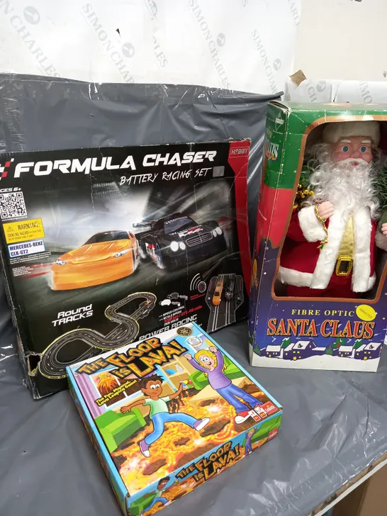 APPROXIMATELY 9 ASSORTED TOYS & GAMES TO INCLUDE FORMULA CHASER, THE FLOOR IS LAVA, FIBRE OPTIC SANTA CLAUS, ETC