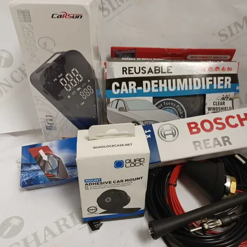 LOT OF 5 ASSORTED ITEMS TO INCLUDE EIGHTWOOD DAB CAR AERIAL, QUAD LOCK ADHESIVE CAR MOUNT, BOSCH H840 REAR WIPER BLADE, TIRE INFLATOR, AND CAR DEHUMIDIFIER 