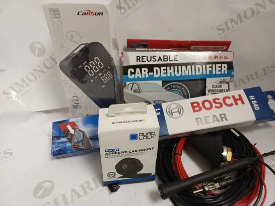 LOT OF 5 ASSORTED ITEMS TO INCLUDE EIGHTWOOD DAB CAR AERIAL, QUAD LOCK ADHESIVE CAR MOUNT, BOSCH H840 REAR WIPER BLADE, TIRE INFLATOR, AND CAR DEHUMIDIFIER 