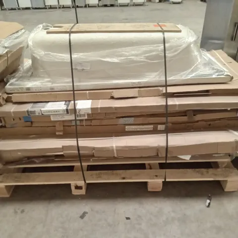 PALLET OF ASSORTED BATHROOM ITEMS INCLUDING SHOWER DOORS , SIDES AND ACRYLIC BATH 