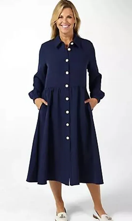 HELENE BERMAN SHIRT DRESS WITH PEARL BUTTONS PEARL NAVY SIZE 12