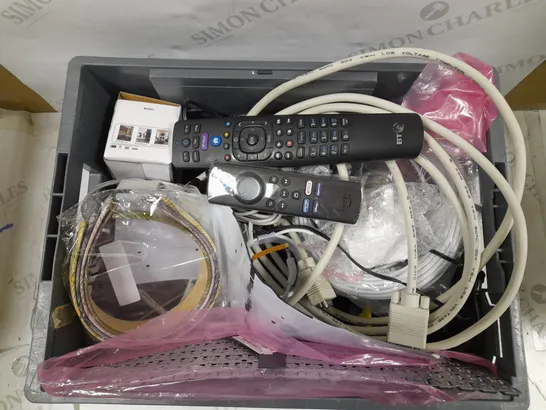 BOX OF APPROXIMATELY 15 ELECTRICALS AND CABLES TO INCLUDE AMAZON FIRE TV REMOTE, BT YOUVIEW BOX REMOTE, HD IOT CAMERA, ETC