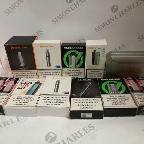 BOX OF APPROXIMATELY 30 ASSORTED VAPING KITS & DISPOSABLE VAPES IN VARIOUS FLAVOURS & BRANDS TO INCLUDE VAPORESSO, ASPIRE, GEEK VAPE ETC