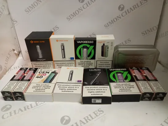 BOX OF APPROXIMATELY 30 ASSORTED VAPING KITS & DISPOSABLE VAPES IN VARIOUS FLAVOURS & BRANDS TO INCLUDE VAPORESSO, ASPIRE, GEEK VAPE ETC