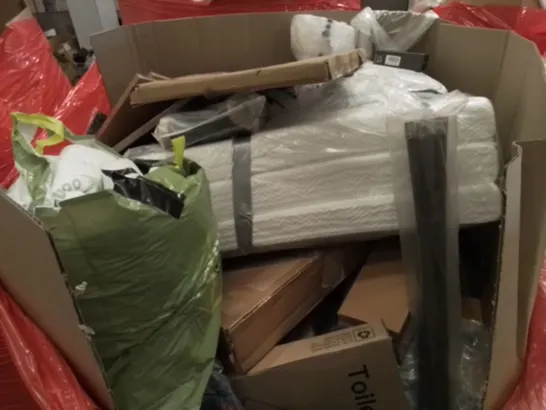 UNPROCESSED PALLET OF ASSORTED ITEMS TO INCLUDE HALLOWEEN DECORATIONS, TOILET SEATS, BOXED WALL MIRROR AND MATTRESS 