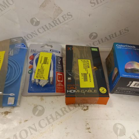 BOX OF APPROXIMATELY 10 ASSORTED HOUSEHOLD ITEMS TO INCLUDE TZUMI LED PROJECTION NIGHTLIGHT, BLACKWEB HDMI CABLE, STATUS 3 IN 1 SYNC & CHARGE CABLE, ETC