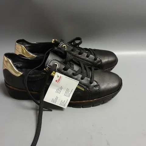 BOXED RIEKER ANTISTRESS BLACK TRAINERS WITH GOLD TRIM SIZE EUR 39