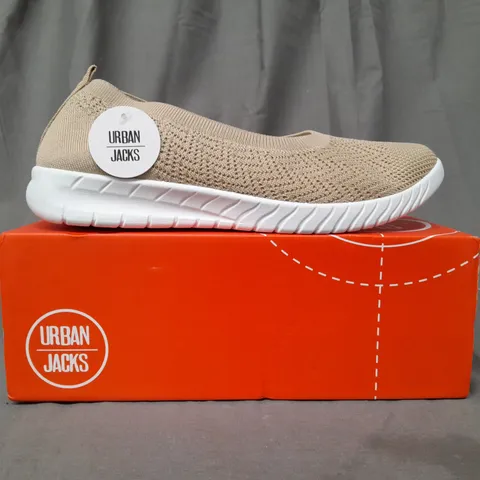 BOXED PAIR OF URBAN JACKS SLIP-ON SHOES IN BEIGE SIZE 8