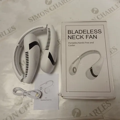 BOXED BATTERY POWERED BLADELESS NECK FAN WITH USB CHARGING CABLE - WHITE