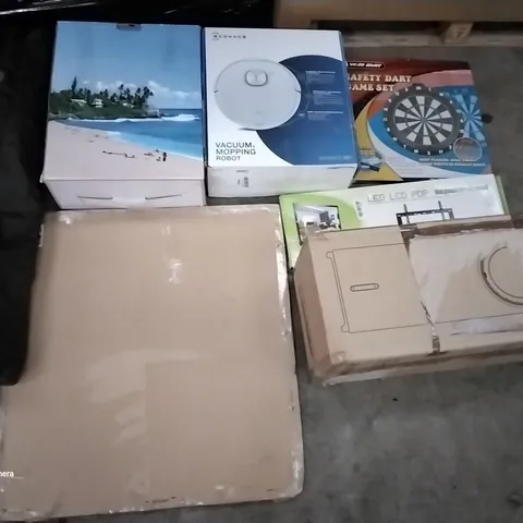 PALLET OF ASSORTED ITEMS INCLUDING ECOVACS VACUUM MOPPING ROBOT, AIR COOLER, SAFETY DART SET, FLAT PANE TV WALL MOUNT, PIPSHELL TOILET SEAT, KEJECTOR POP-UP TENT