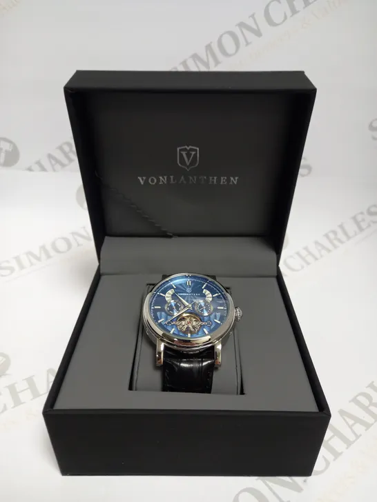 MENS VONLANTHEN AUTOMATIC WATCH – DATE YEAR SUB DIAL – OPEN HEART MOVEMENT – GLASS EXHIBITION BACKCASE – BLACK LEATHER STRAP 