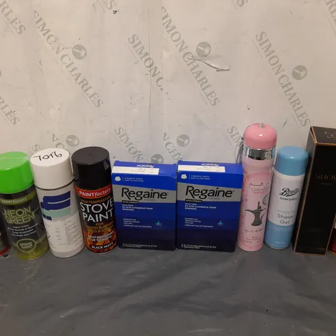 APPROXIMATELY 12 ASSORTED AEROSOLS TO INCLUDE BOOTS SHAVE GEL, NEON GREEN PAINT, AND AIR FRESHENER ETC. 