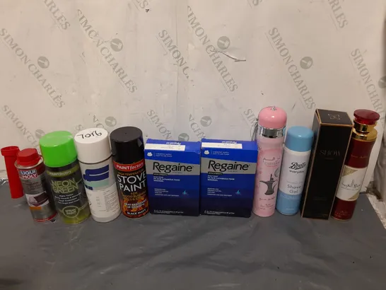 APPROXIMATELY 12 ASSORTED AEROSOLS TO INCLUDE BOOTS SHAVE GEL, NEON GREEN PAINT, AND AIR FRESHENER ETC. 