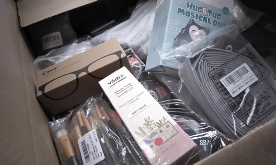 PALLET OF APPROXIMATELY 7 BOXES OF ASSORTED ITEMS INCLUDING CAVIR GLASSES, VIKLEDA DEEP CONDITIONING SHAMPOO, EDARY MAKEUP BRUSHES, HUG & TUG MUSICAL OWL, WINDOW WEATHER STRIPPER 