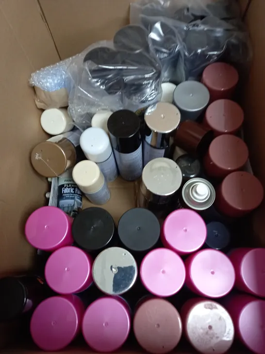 BOX OF APPROXIMATELY 30 CANS OF SPRAY PAINT TO INCLUDE PINK, BLUE, BLACK ETC