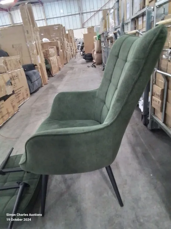 QUALITY DESIGNER GREEN FABRIC UPHOLSTERED ACCENT CHAIR AND FOOTSTOOL