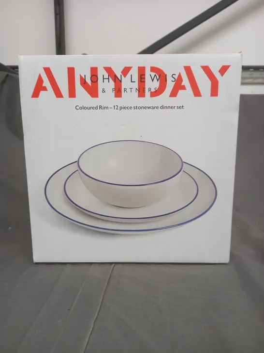 BOXED JOHN LEWIS ANYDAY COLOURED RIM 12 PIECE STONEWARE DINNER SET 