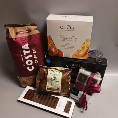 BOX OF APPROX 15 ASSORTED FOOD ITEMS TO INCLUDE - COSTA COFFEE BEANS - BARISTA COFFEE TOPPER COLLECTION - CALLEBAUT BELGIAN MILK CHOCOLATE CALLETS ETC