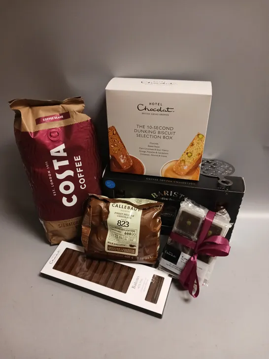 BOX OF APPROX 15 ASSORTED FOOD ITEMS TO INCLUDE - COSTA COFFEE BEANS - BARISTA COFFEE TOPPER COLLECTION - CALLEBAUT BELGIAN MILK CHOCOLATE CALLETS ETC