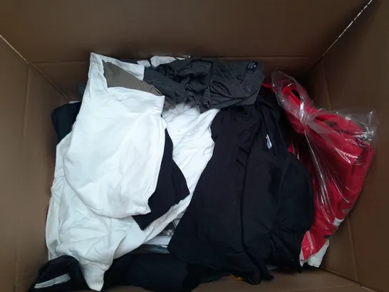 LARGE BOX OF ASSORTED SPORTS CLOTHING ITEMS IN VARIOUS SIZES, COLOURS AND STYLES