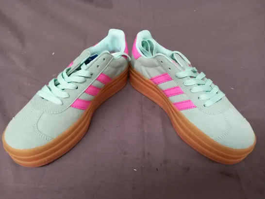 BOXED PAIR OF ADIDAS GAZELLE BOLD SHOES IN GREEN/PINK UK SIZE 5