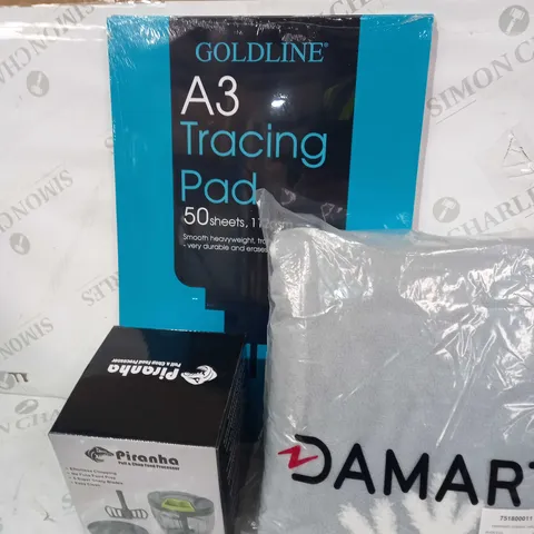 BOX OF APPROXIMATELY 10 ASSORTED HOUSEHOLD ITEMS TO INCLUDE EMBOSSED SHERPA THROW, A3 TRACING PAD, PIRANHA PULL & CHOP FOOD PROCESSOR, ETC