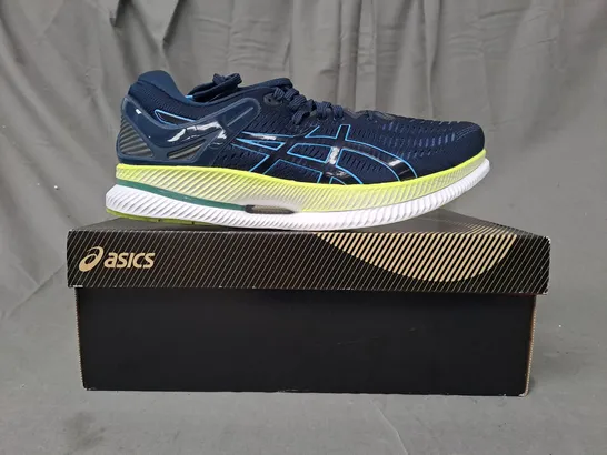 BOXED PAIR OF ASICS METARIDE RUNNING SHOES IN BLUE/LIME UK SIZE 10