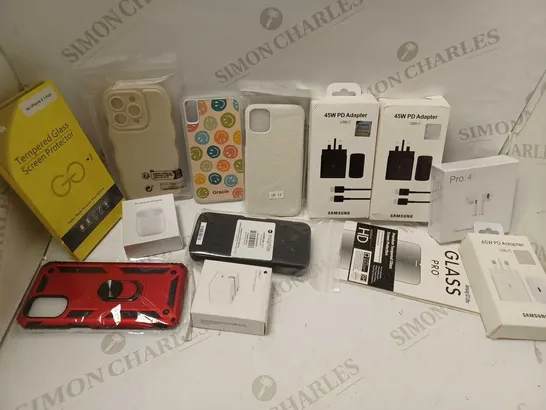 LOT OF APPROXIMATELY 30 PHONE ACCESSORIES AND ELECTRICALS TO INCLUDE TEMPERED GLASS SCREEN PROTECTORS, 45W PD ADAPTER, PRO 4 TRUE WIRELESS EARBUDS, ETC