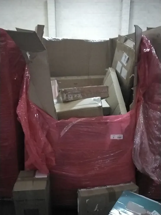 PALLET OF ASSORTED ITEMS TO INCLUDE: BED ASSOST RAIL, CHILDLIKE TIME TOY, TOWER SPACE HEATER, STANDING SHELF UNIT ETC