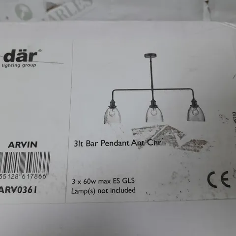 BOXED DAR LIGHTING ARVIN 3-LAMP BAR PENDANT LIGHT IN ANTIQUE CHROME 