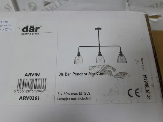 BOXED DAR LIGHTING ARVIN 3-LAMP BAR PENDANT LIGHT IN ANTIQUE CHROME 