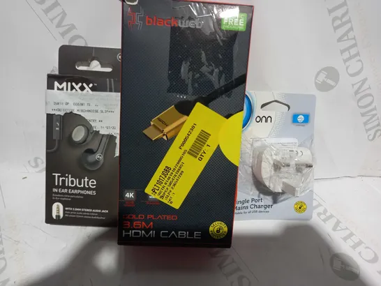 LOT OF APPROXIMATELY 10 ASSORTED HOUSEHOLD ITEMS TO INCLUDE MIXX TRIBUTE IN EAR HEADPHONES, BLACKWEB HDMI CABLE, ONN SINGLE PORT MAINS CHARGER, ETC