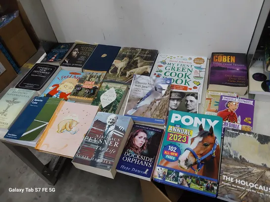 CAGE OF ASSORTED BOOKS INCLUDING, JACK REACHER & OTHER NOVELS, CHILDREN'S BOOKS, REFERENCE, COMIC ANNUALS & REFERENCE 