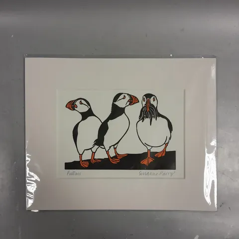 SIGNED SUZANNE PARRY PUFFINS LINO PRINT 