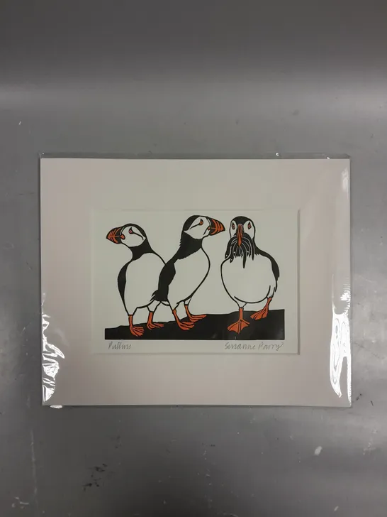 SIGNED SUZANNE PARRY PUFFINS LINO PRINT 