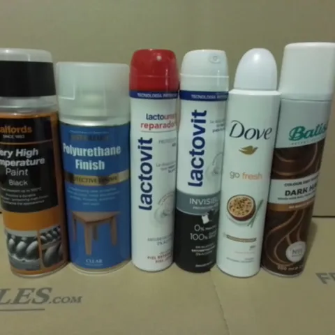 LOT OF 20 ASSORTED AEROSOLS TO INCLUDE HIGH TEMP PAINT, POLYURETHANE FINISH AND DEODORANTS - COLLECTION ONLY 