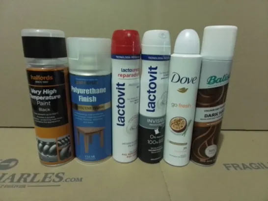 LOT OF 20 ASSORTED AEROSOLS TO INCLUDE HIGH TEMP PAINT, POLYURETHANE FINISH AND DEODORANTS - COLLECTION ONLY 