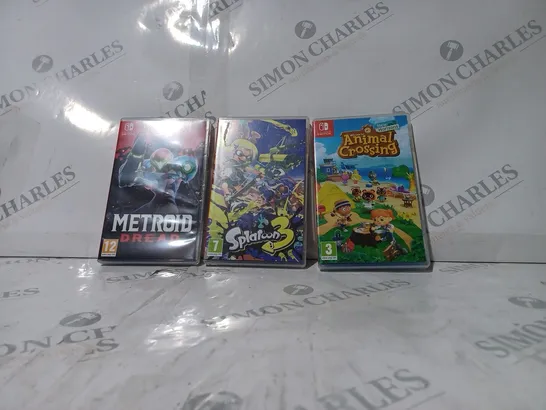 3 ASSORTED NITENDO SWITCH GAMES TO INCLUDE: METROID DREAD,SPLATOON 3 & ANIMAL CROSSING