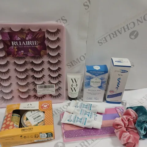 BOX OF APPROXIMATELY 15 ASSORTED COSMETIC ITEMS TO INCLUDE RUAIRIE FAKE LASHES, PRONAMEL REPAIR, NAIL FILES ETC