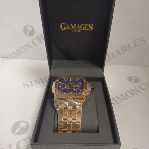 BOXED GAMAGES OF LONDON MAGNITUDE ROSE GOLD BLUE DIAL LINK STRAP WATCH 