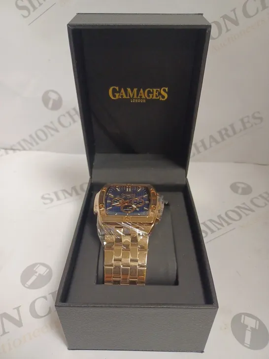 BOXED GAMAGES OF LONDON MAGNITUDE ROSE GOLD BLUE DIAL LINK STRAP WATCH 